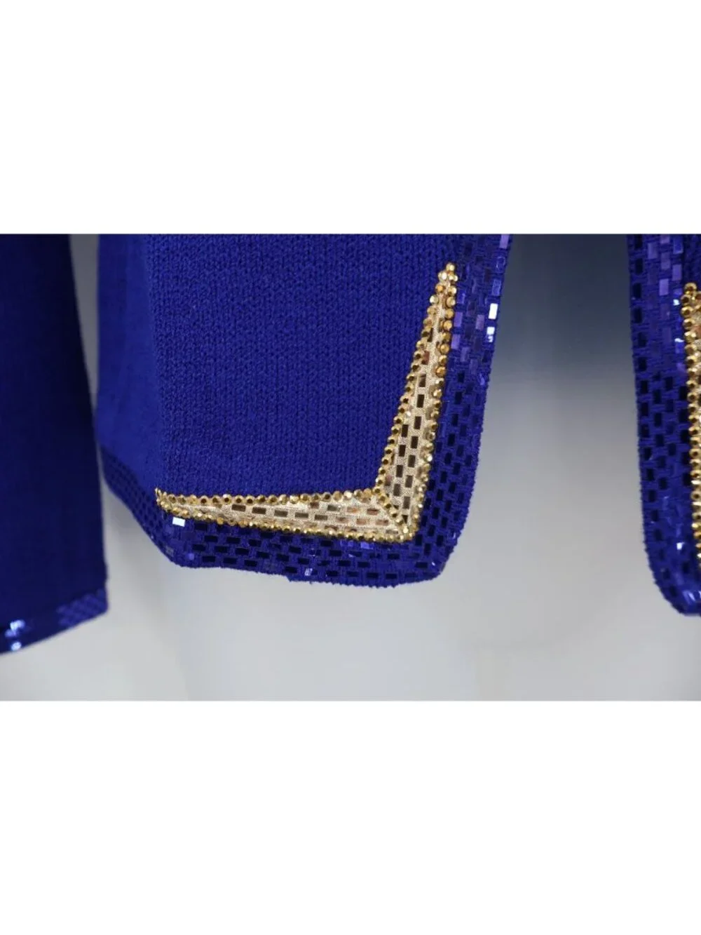 St. John Evening Blazer Size 2 Royal Blue Santana Knit Gold Sequin Trim Button - Picture 6 of 15